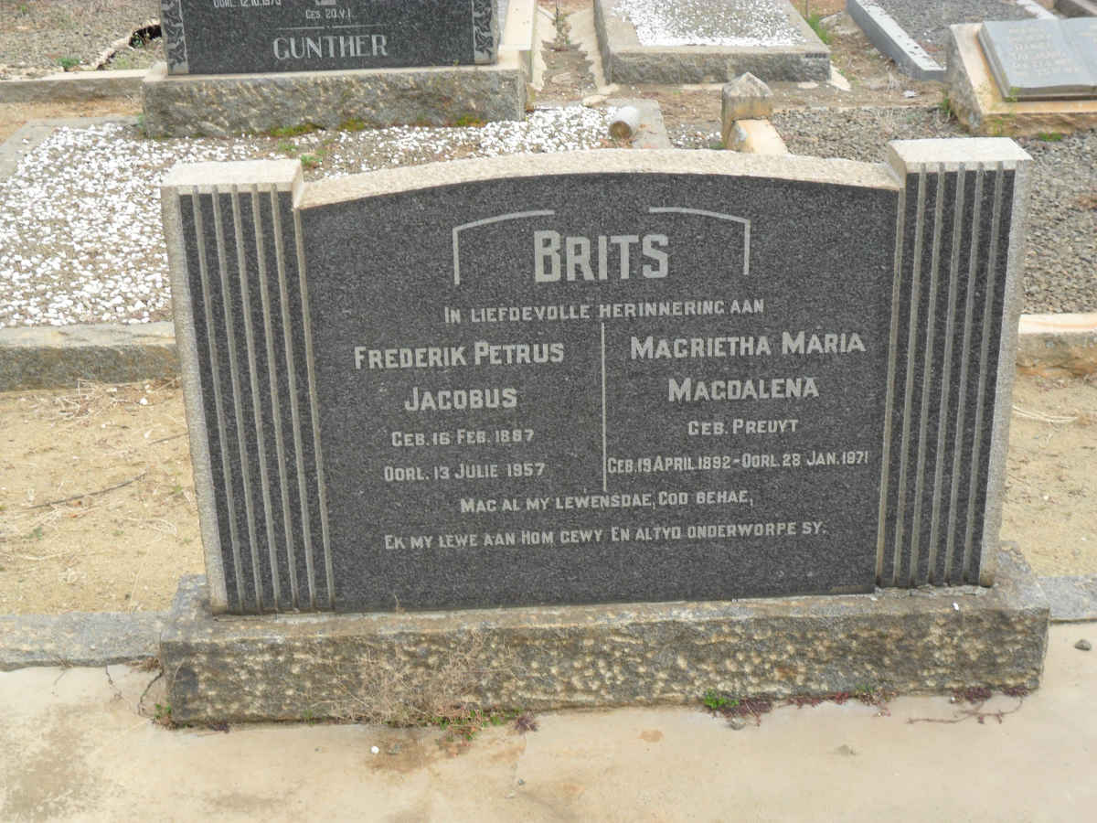 BRITS Frederik Petrus Jacobus 1887-1957 &amp; Magrietha Maria Magdalena PREUYT 1892-1971