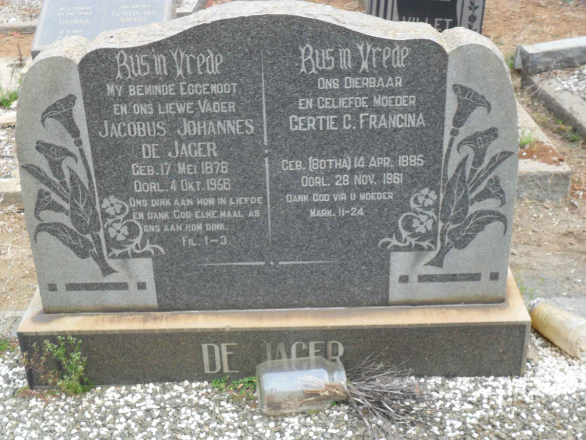JAGER Jacobus Johannes, de 1876-1956 &amp; Gertie C. Francina BOTHA 1885-1961