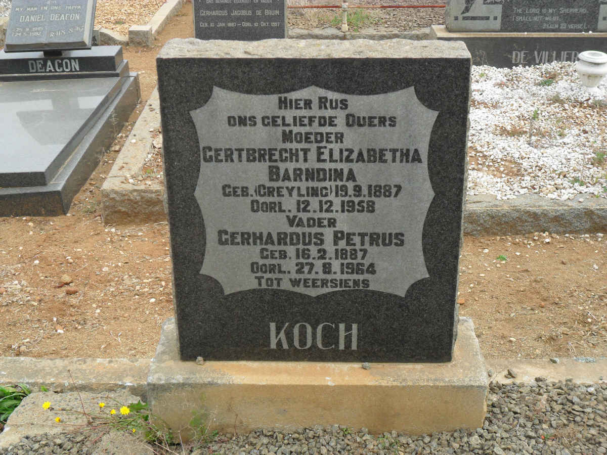 KOCH Gerhardus Petrus 1887-1964 &amp; Gertbrecht Elizabetha Barndina GREYLING 1887-1958