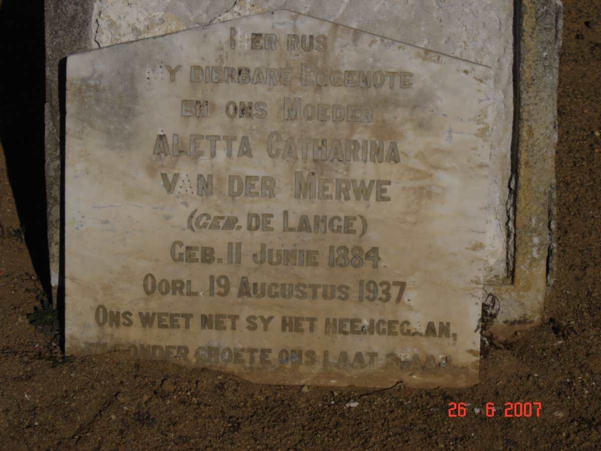 MERWE Aletta Catharina, van der nee DE LANGE 1884-1937