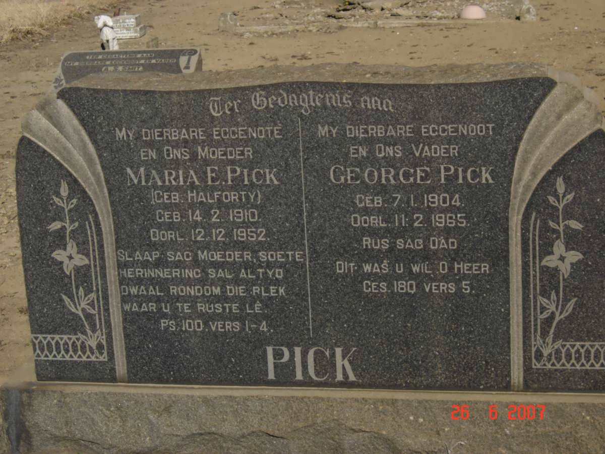 PICK George 1904-1965 &amp; Maria E. HALFORTY 1910-1952