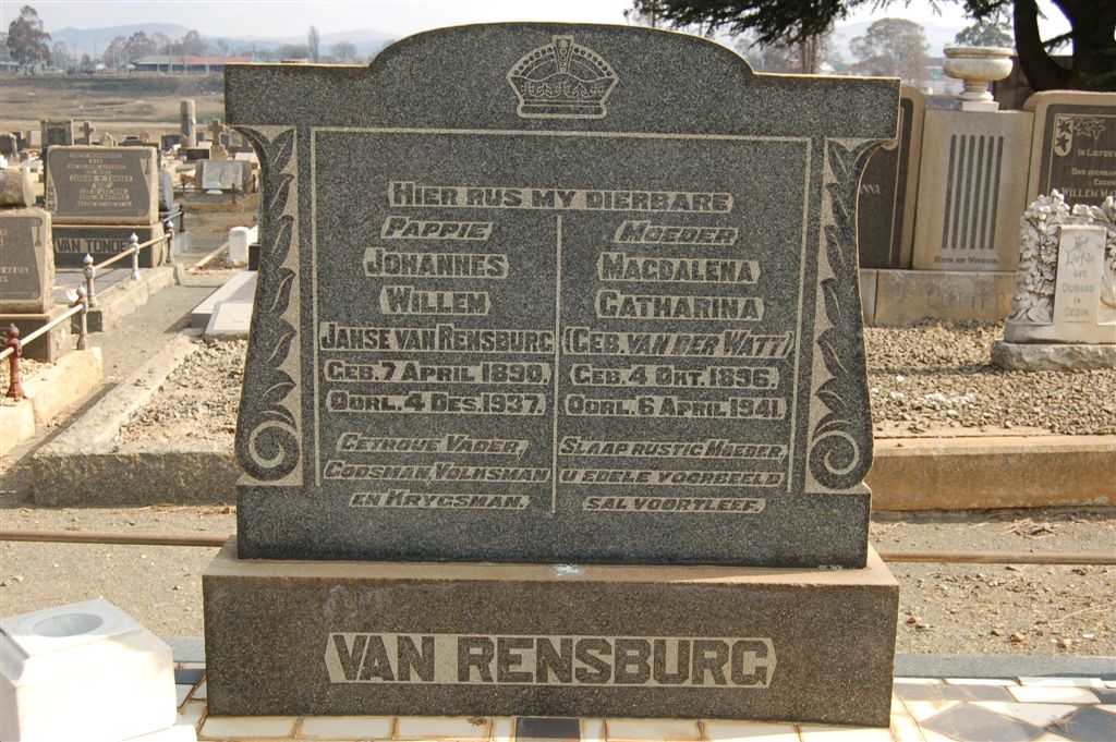 RENSBURG Johannes Willem, Jansen van 1890-1937 &amp; Magdalena Catharina VAN DER WATT 1896-1941