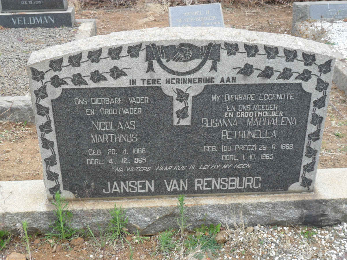 RENSBURG Nicolaas Marthinus, Jansen van 1888-1969 &amp; Susanna Magdalena Petronella DU PREEZ 1888-1965