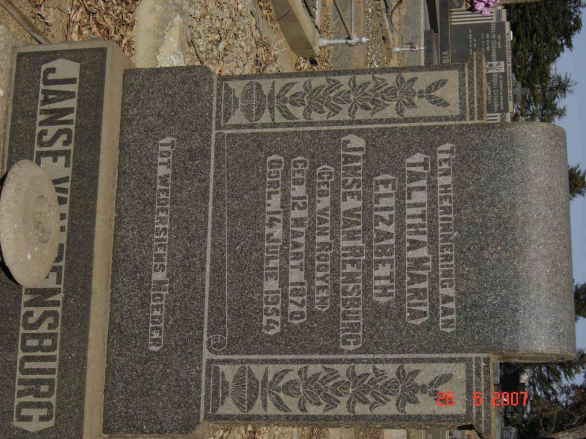 RENSBURG Talitha Maria Elizabeth, Janse van nee VAN ROOYEN 1870-1954