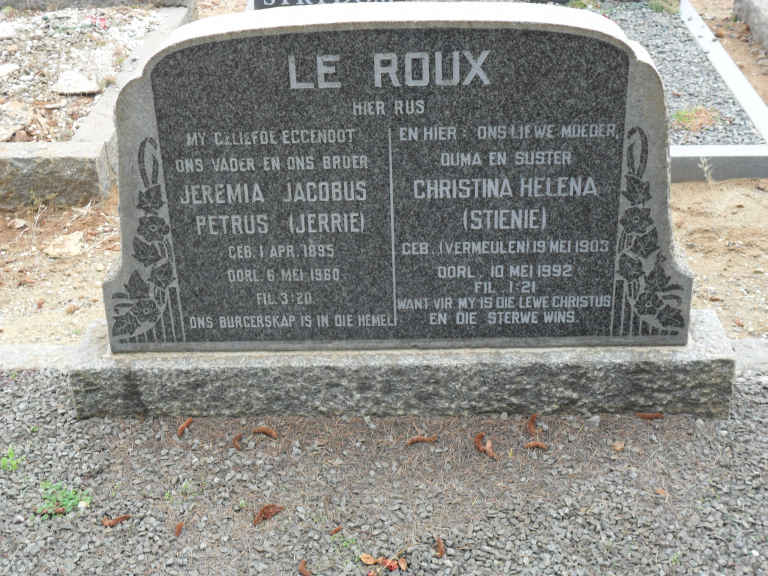 ROUX Jeremia Jacobus Petrus, le 1895-1960 &amp; Christina Helena VERMEULEN 1903-1992