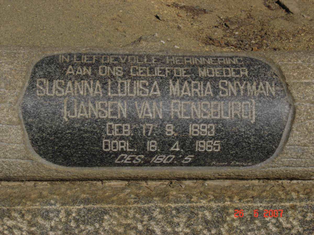 SNYMAN Susanna Louisa Maria nee JANSEN VAN RENSBURG 1893-1965