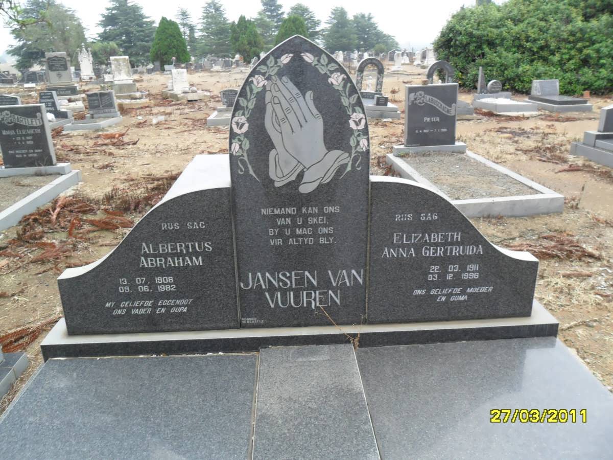 VUUREN Albertus Abraham, Jansen van 1908-1982 &amp; Elizabeth Anna Gertruida 1911-1996
