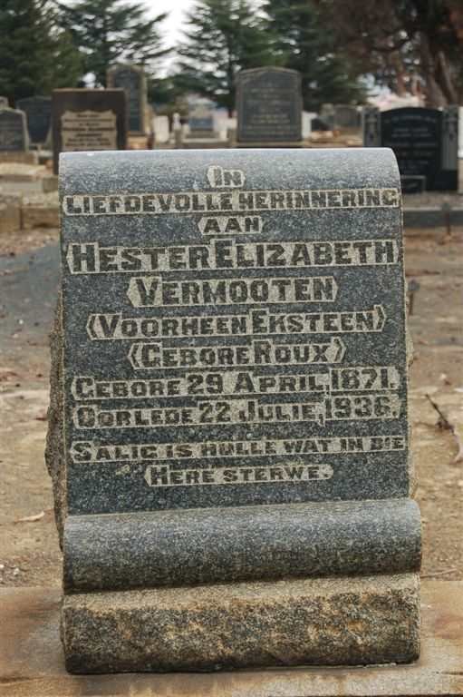 VERMOOTEN Hester Elizabeth previously EKSTEEN nee ROUX 1871-1936