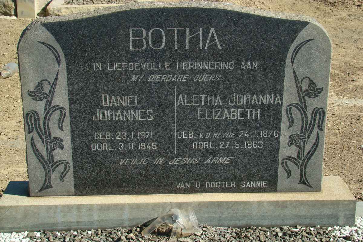 BOTHA Daniel Johannes 1871-1945 &amp; Aletha Johanna Elizabeth V.D. HEYDE 1876-1963