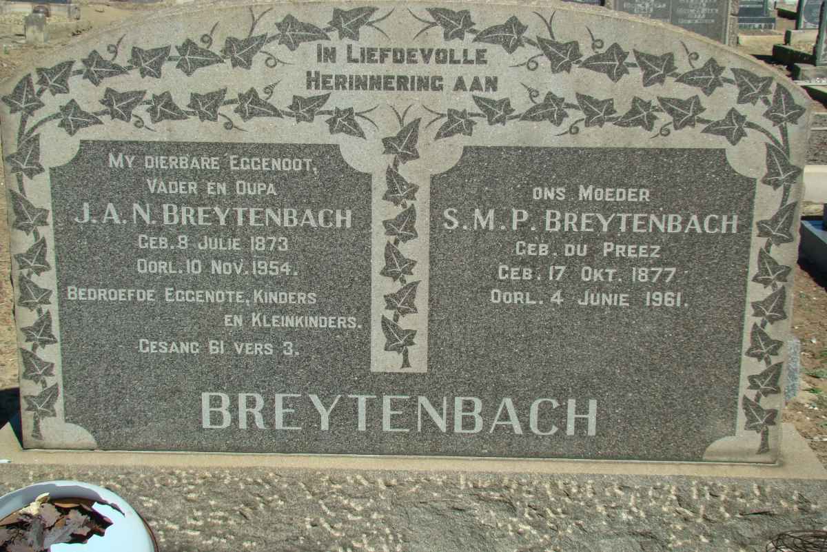 BREYTENBACH J.A.N. 1873-1954 &amp; S.M.P. nee DU PREEZ 1877-1961