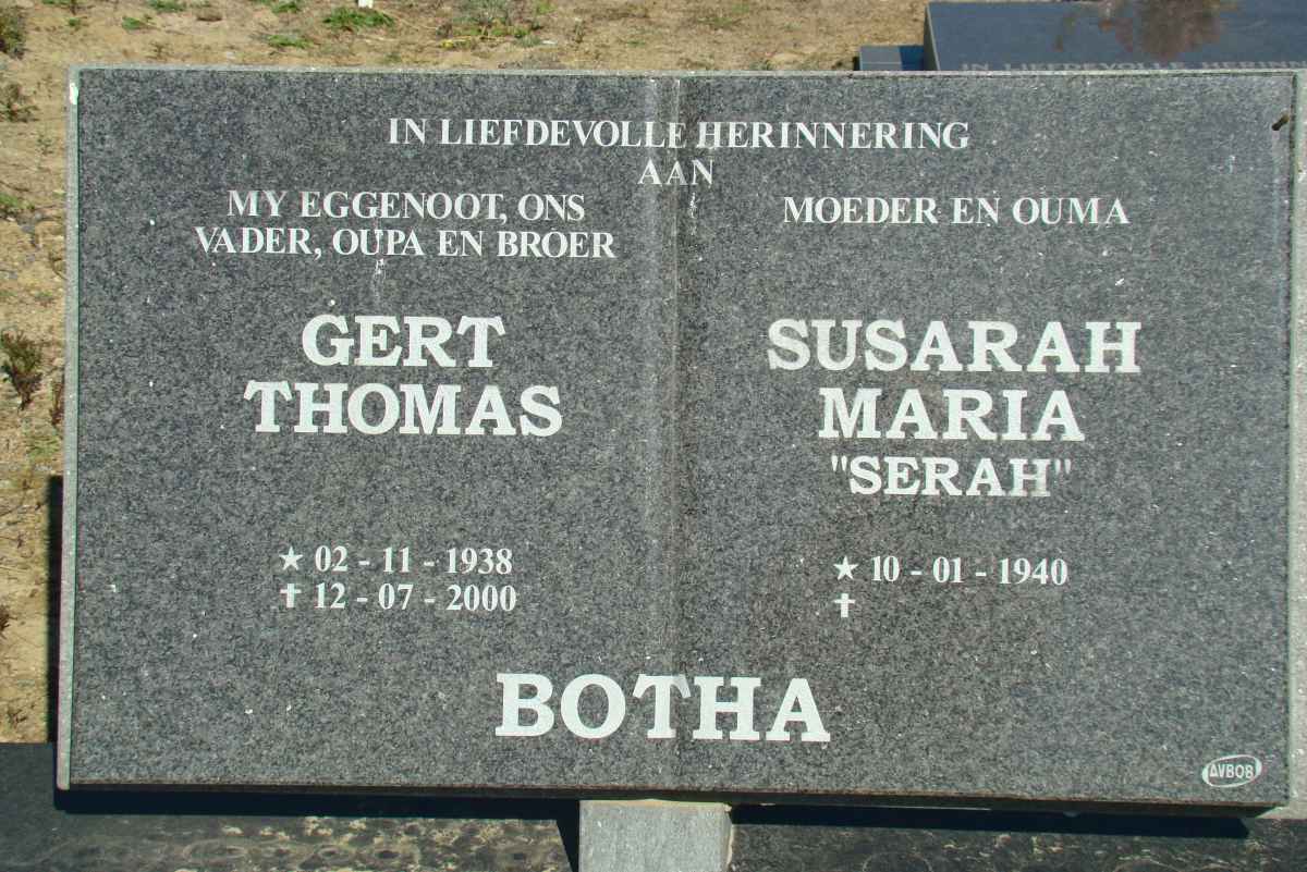 BOTHA Gert Thomas 1938-2000 &amp; Susarah Maria 1940-