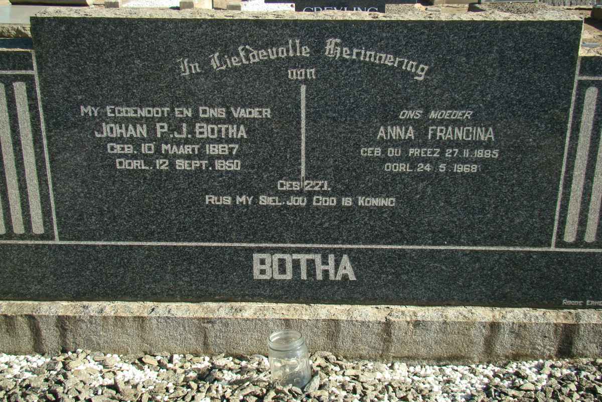 BOTHA Johan P.J. 1887-1950 &amp; Anna Francina DU PREEZ 1885-1968