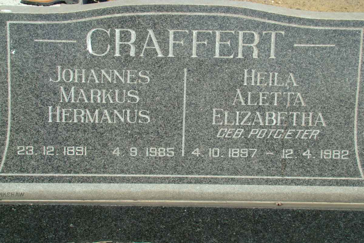CRAFFERT Johannes Markus Hermanus 1891-1985 &amp; Heila Aletta Elizabeth POTGIETER 1897-1982