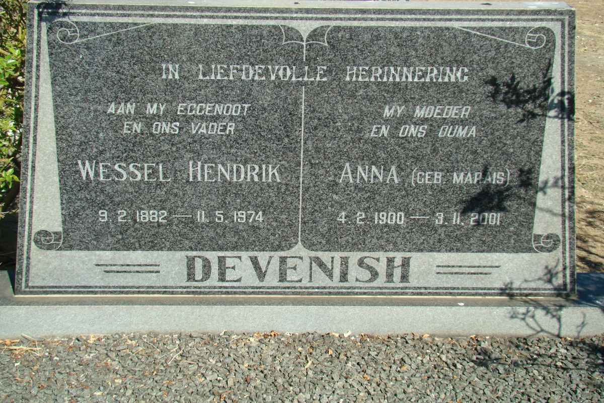 DEVENISH Wessel Hendrik 1882-1974 &amp; Anna MARAIS 1900-2001