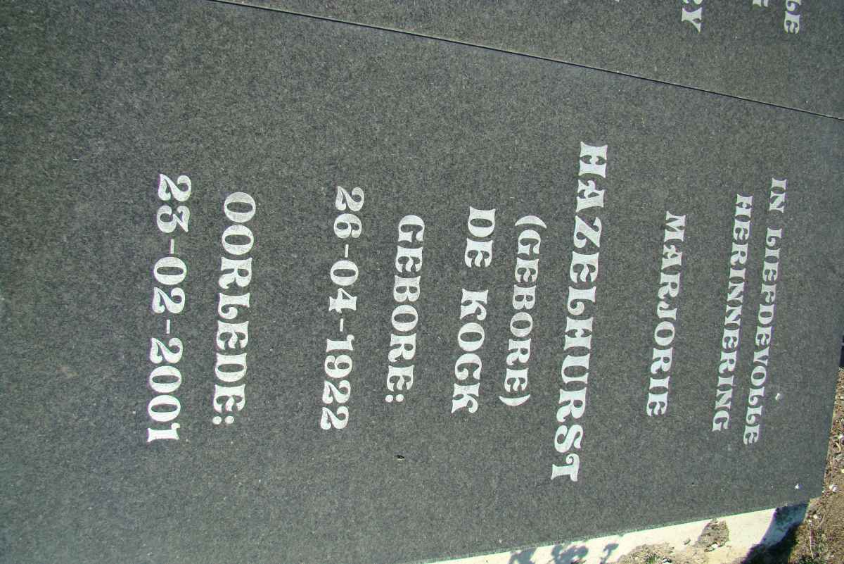 HAZELHURST Marjorie nee DE KOCK 1922-2001