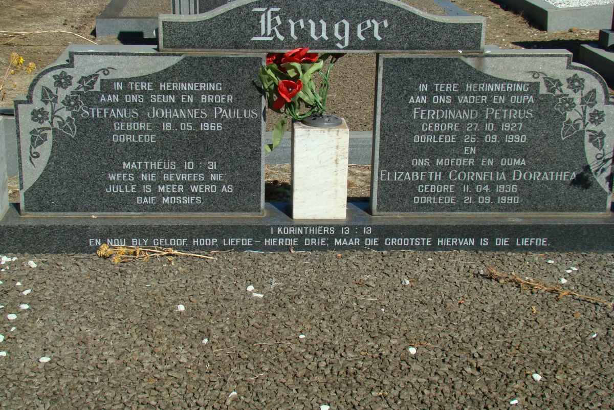 KRUGER Ferdinand Petrus 1927-1990 &amp; Elizabeth Cornelia Dorathea 1936-1990 :: KRUGER Stefanus Joahnnes Paulus 1966-