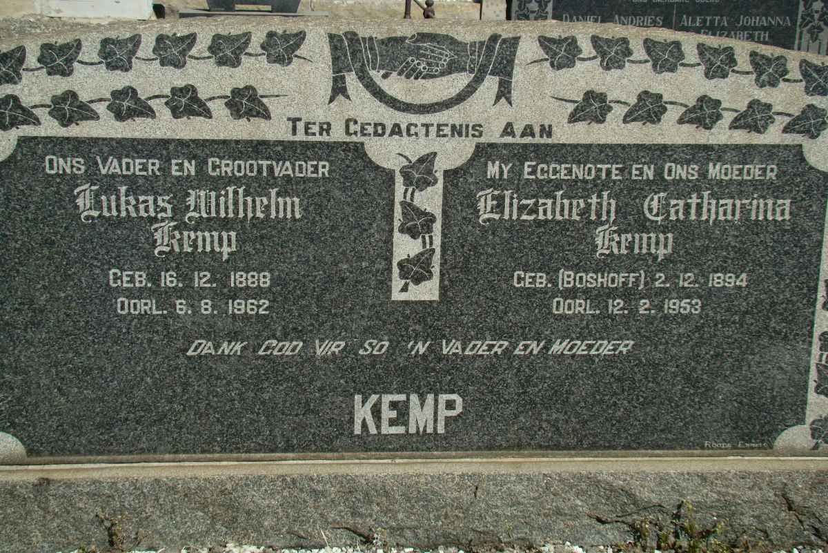 KEMP Lukas Wilhelm 1888-1962 &amp; Elizabeth Catharina BOSHOFF 1894-1953
