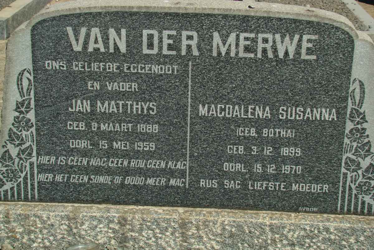 MERWE Jan Matthys, van der 1888-1959 &amp; Magdalena Susanna BOTHA 1899-1970
