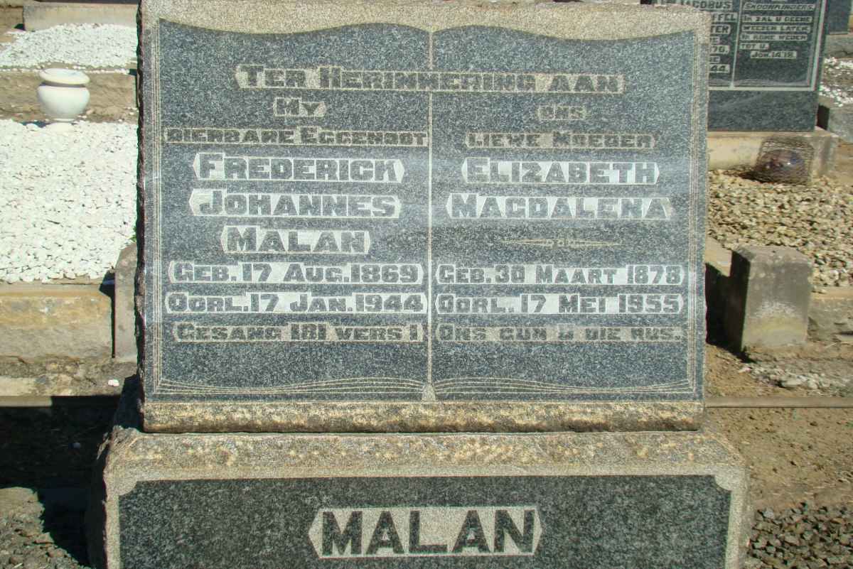 MALAN Frederick Johannes 1869-1944 &amp; Elizabeth Magdalena 1878-1955