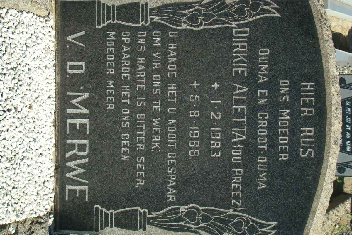 MERWE Dirkie Aletta, v.d. nee DU PREEZ 1883-1968