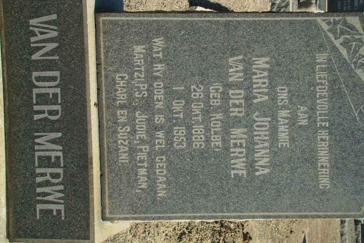 MERWE Maria Johanna, van der nee KOLBE 1886-1953