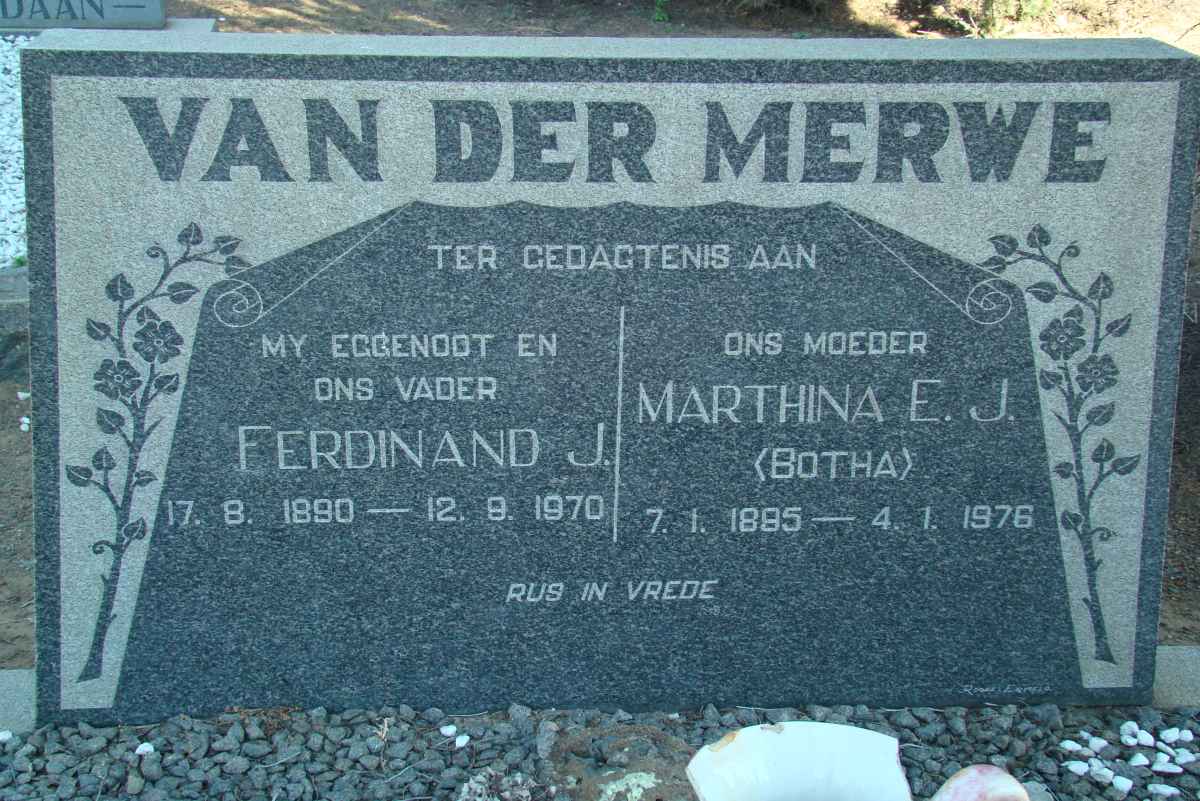 MERWE Ferdinand J., van der 1890-1970 &amp; Marthina E.J. BOTHA 1895-1976