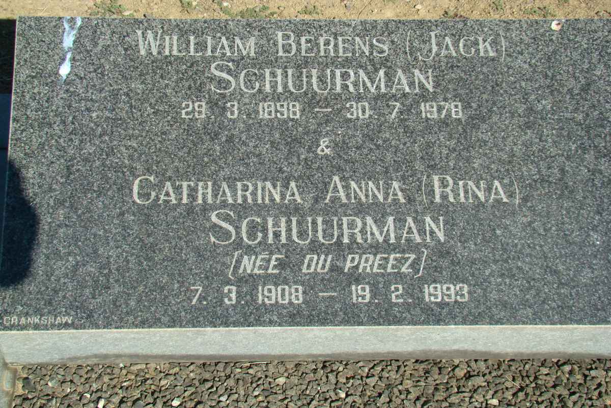 SCHUURMAN William Berens 1898-1978 &amp; Catharina Anna DU PREEZ 1908-1993