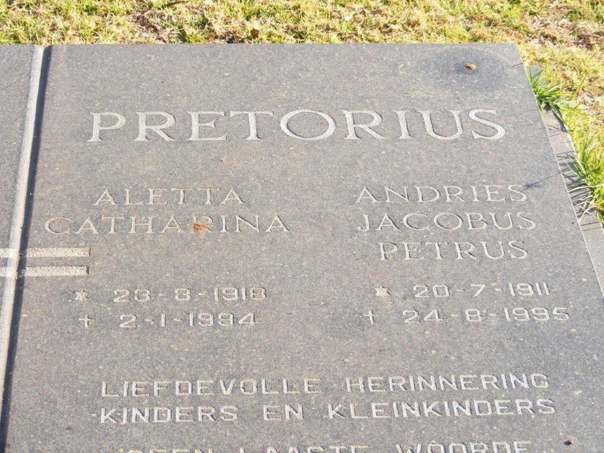 PRETORIUS Andries Jacobus Petrus 1911-1995 &amp; Aletta Catharina 1918-1994