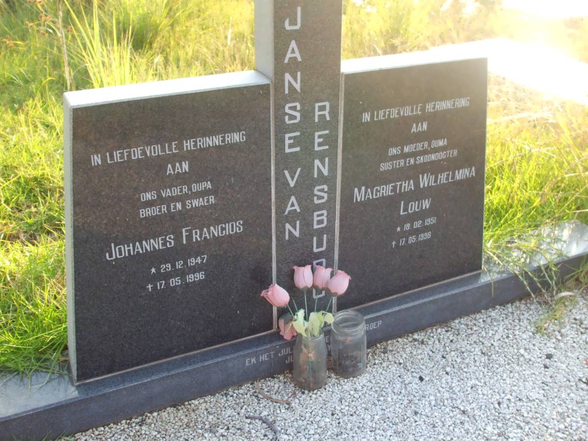 RENSBURG Johannes Francois, Janse van 1947-1996 &amp; Magrietha Wilhelmina LOUW 1951-1996