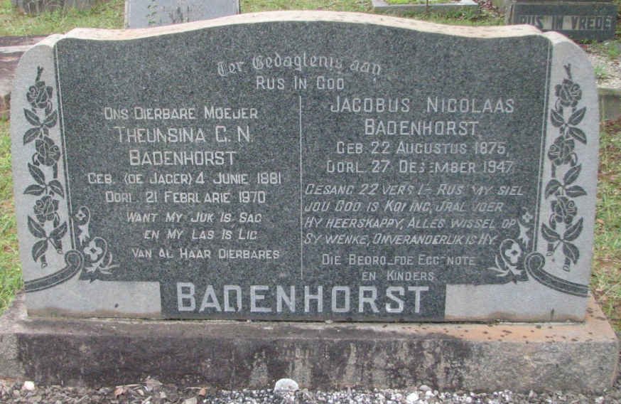 BADENHORST Jacobus Nicolaas 1875-1947 &amp; Theunsina C.N. DE JAGER 1881-1970
