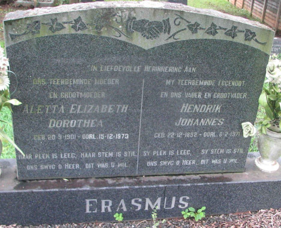 ERASMUS Hendrik Johannes 1892-1971 &amp; Aletta Elizabeth Dorothea 1901-1973