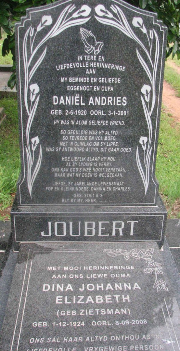 JOUBERT Daniël Andries 1920-2001 &amp; Dina Johanna Elizabeth ZIETSMAN 1924-2008