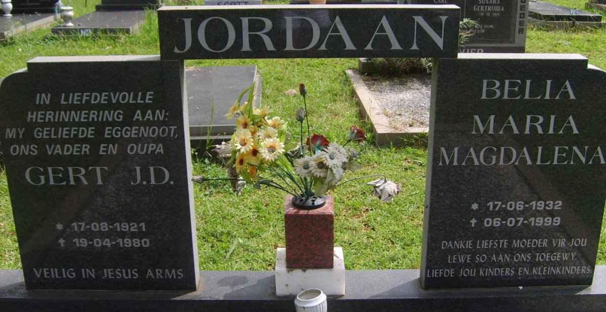JORDAAN Gert J.D. 1921-1980 &amp; Belia Maria Magdalena 1932-1999