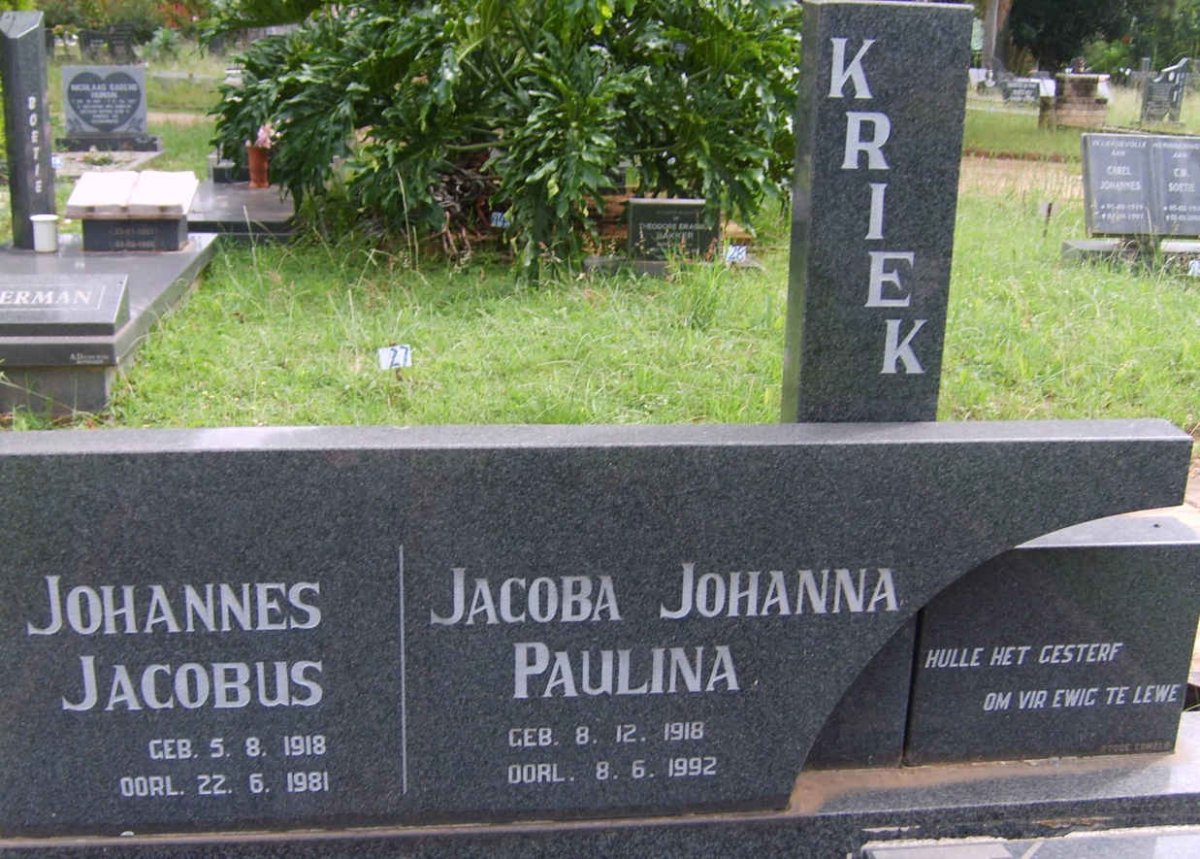 KRIEK Johannes Jacobus 1918-1981 &amp; Jacoba Johanna Paulina 1918-1992