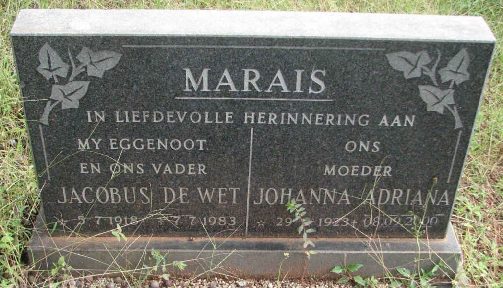 MARAIS Jacobus De Wet 1918-1983 &amp; Johanna Adriana 1923-2000
