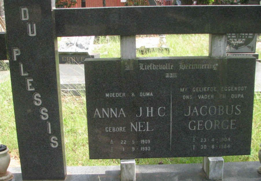PLESSIS Jacobus George, du 1904-1984 &amp; Anna J.H.C .NEL 1909-1993