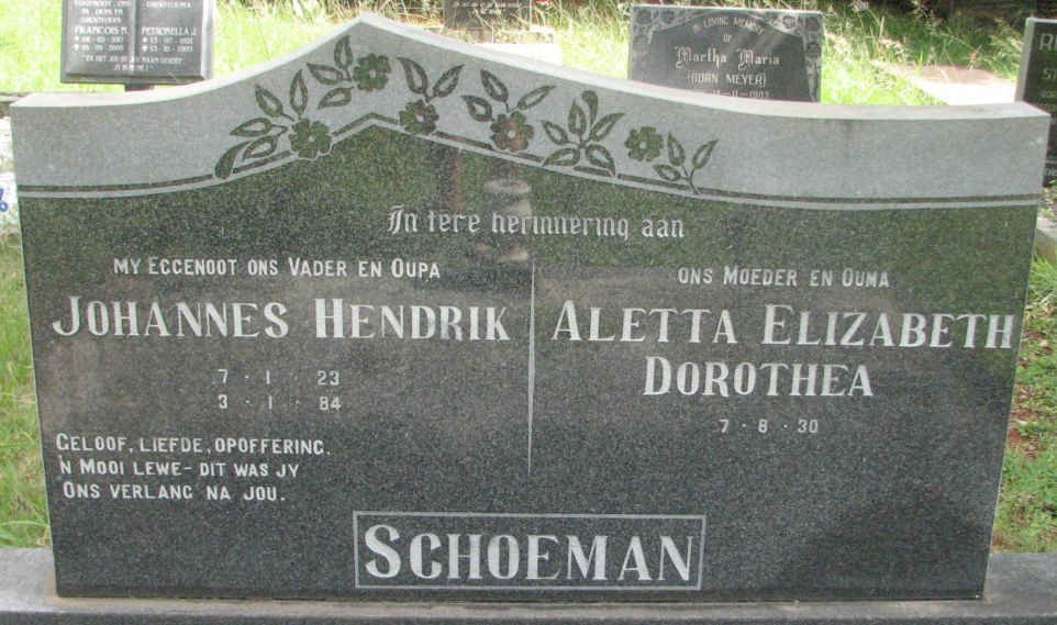 SCHOEMAN Johannes Hendrik 1923-1984 &amp; Aletta Elizabeth Dorothea 1930-