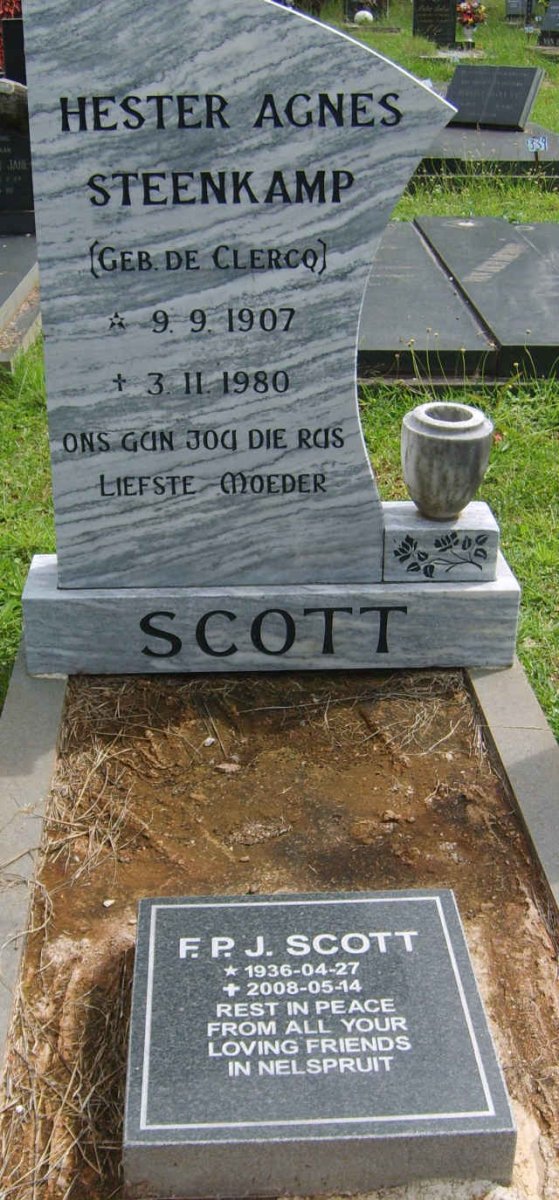SCOTT Hester Agnes Steenkamp nee DE CLERCQ 1907-1980 :: SCOTT F.P.J. 1936-2008