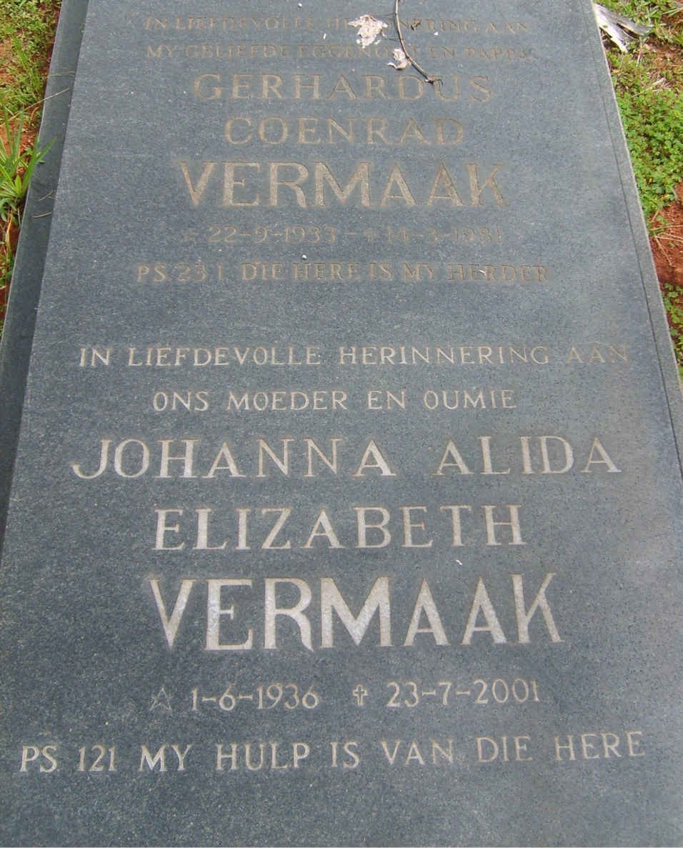 VERMAAK Gerhardus Coenrad 1933-1981 &amp; Johanna Alida Elizabeth 1936-2001