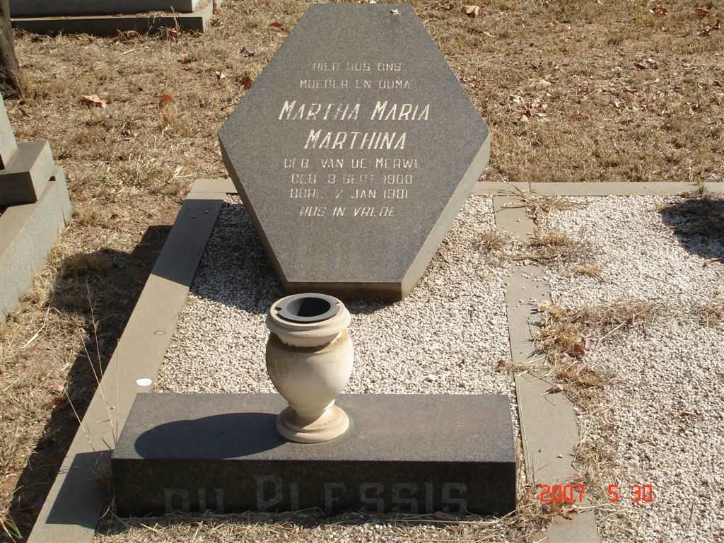 PLESSIS Martha Maria Marthina nee VAN DE MERWE 1908-1981