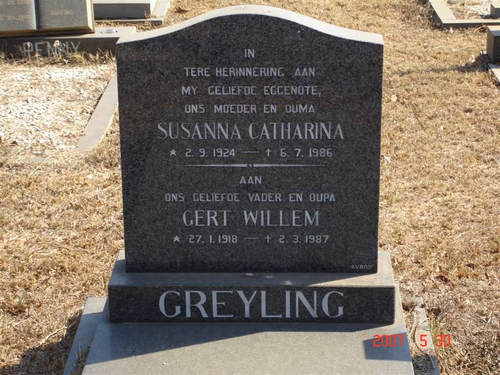 GREYLING Gert Willem 1918-1987 &amp; Susanna Catharina 1924-1986