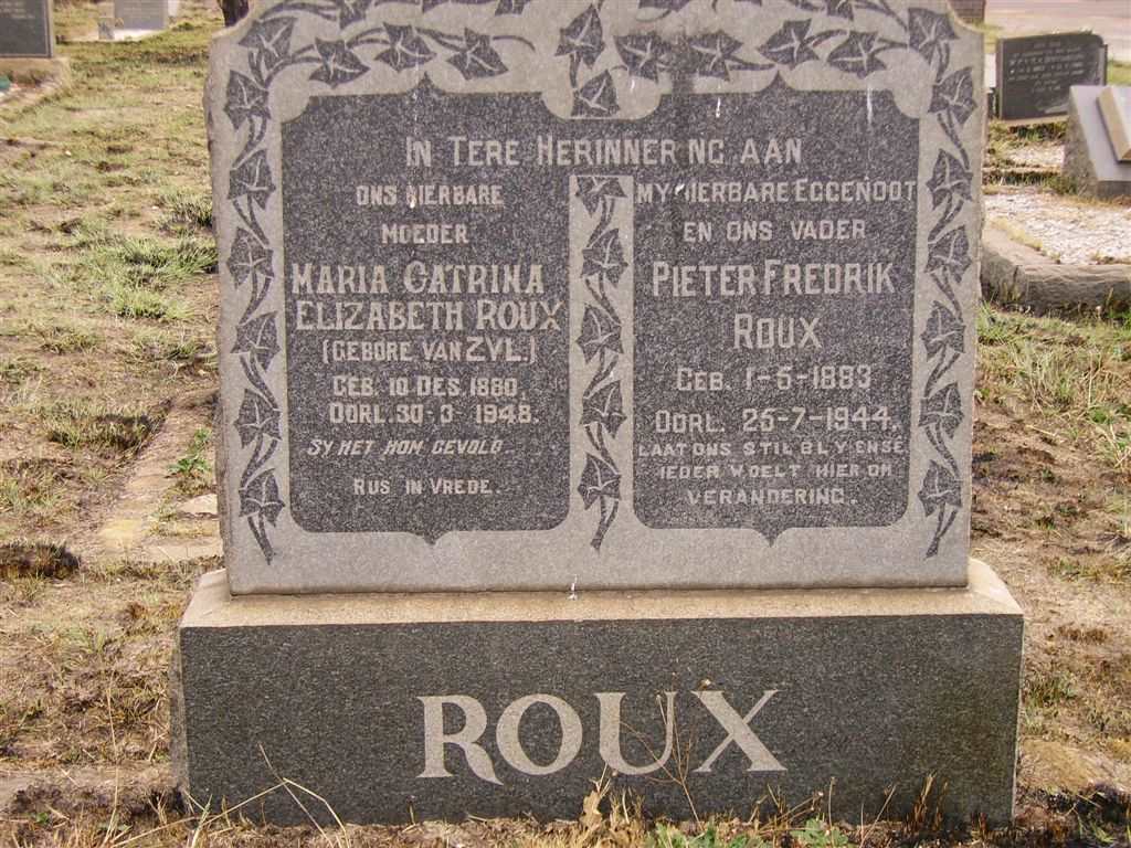 ROUX Pieter Fredrik 1883-1944 &amp; Maria Catrina Elizabeth VAN ZYL 1880-1948