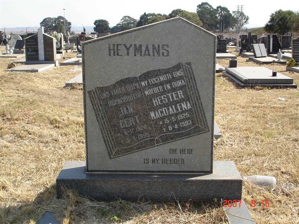 HEYMANS Jan Gert 1920-1999 &amp; Hester Magdalena 1925-1993