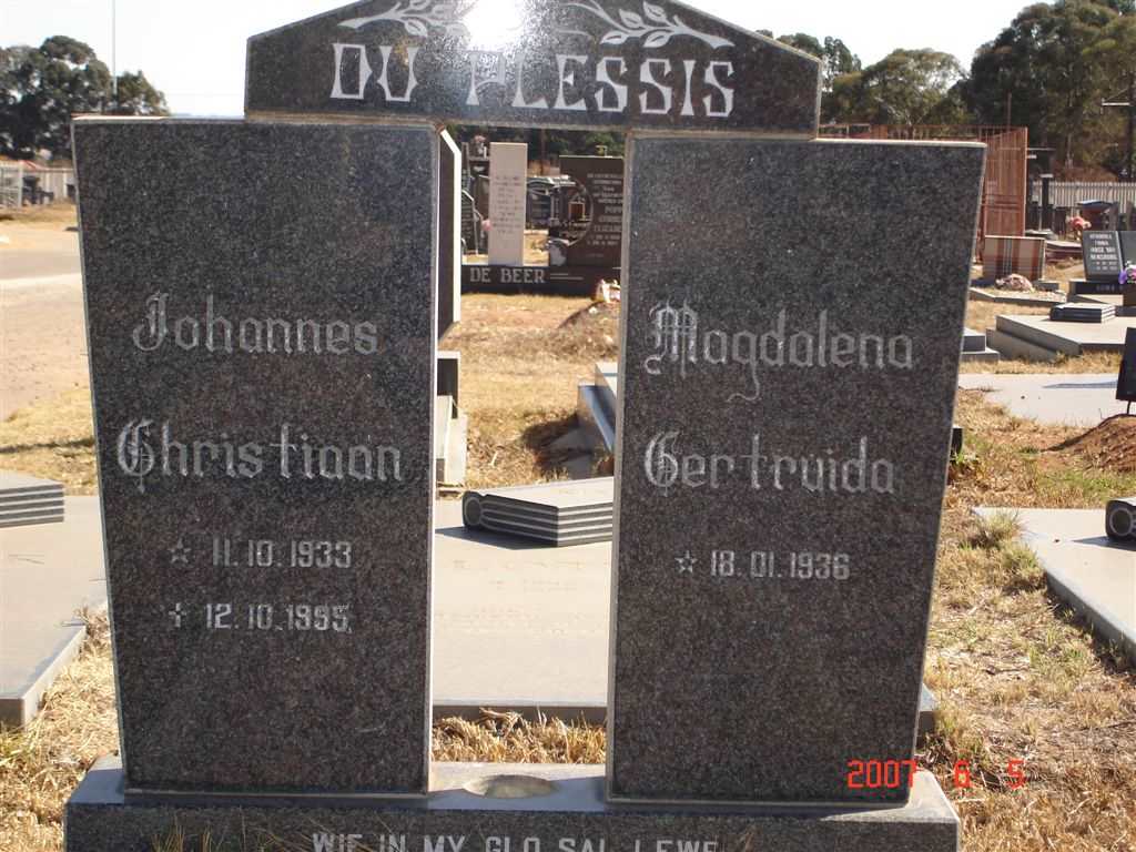 PLESSIS Johannes Christiaan, du 1933-19?5 &amp; Magdalena Gertruida 1936-?
