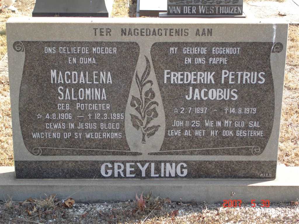 GREYLING Frederik Petrus Jacobus 1897-1979 &amp; Magdalena Salomina POTGIETER 1906-1995