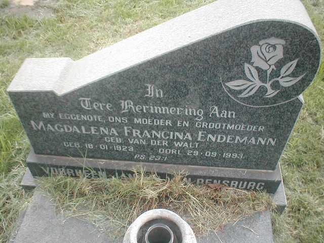 ENDEMANN Magdalena Francina, formerly JANSE VAN RENSBURG, nee VAN DER WALT 1923-1993