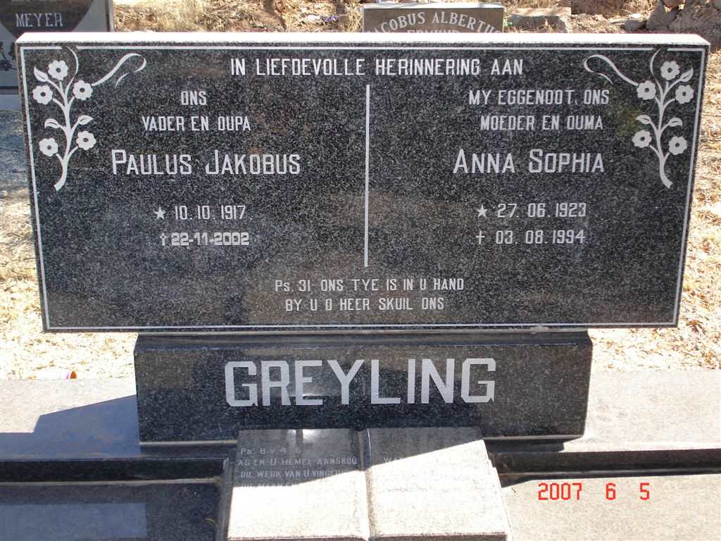 GREYLING Paulus Jakobus 1917-2002 &amp; Anna Sophia 1923-1994