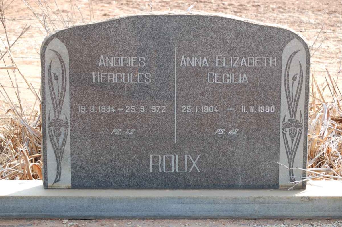 ROUX Andries Hercules 1894-1972 &amp; Anna Elizabeth Cecilia 1904-1980