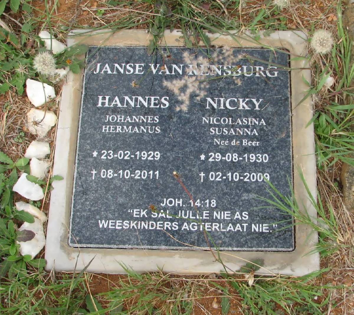 RENSBURG Johannes Hermanus, Janse van 1929-2011 &amp; Nicolasina Susanna DE BEER 1930-2009