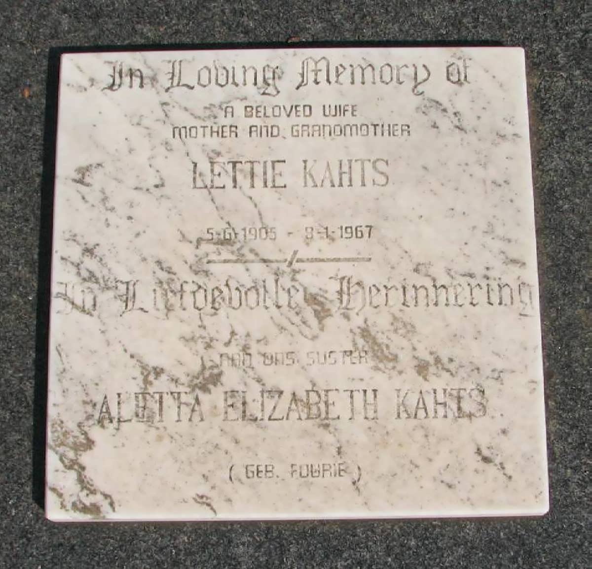 KAHTS Lettie 1905-1967 :: KAHTS Aletta Elizabeth nee FOURIE